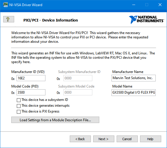 NI-VISA Driver Wizard - Device Information - Add Device Information to describe the target device